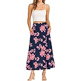 KUOTAI Womens High Waisted Maxi Skirt with Pockets A-Line Elastic Waist Casual Soft Skirts