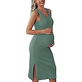 Ekouaer Women's Maternity Dress Rib Knit Sleeveless Tank Side Slit Bodycon Dresses Pregnancy Clothes S-XXL