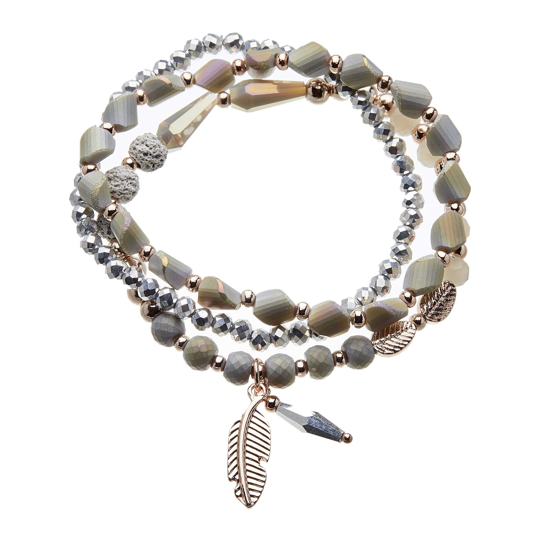 Bello London Set of three Stretch Bracelets with grey and champagne gold plated beads and a leaf charm - Yori G15-17-18