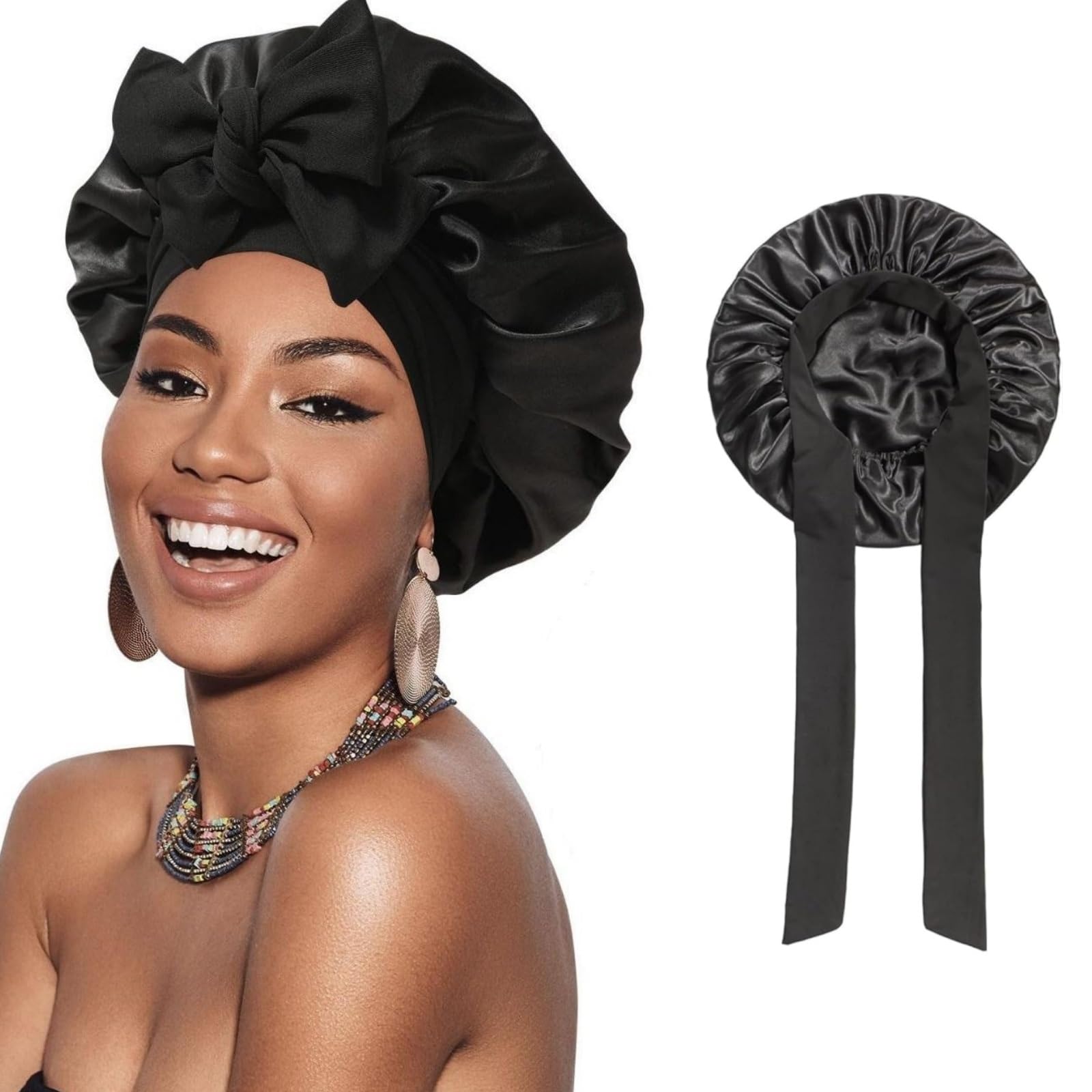 ANGELEMM Silk Hair Bonnet for Sleeping - Black Satin Bonnet for Curly Hair, Soft Breathable Satin Sleep 𝙎𝙞𝙡𝙠 𝘽𝙤𝙣𝙣𝙚𝙩 with Tie, Silk 𝙃𝙖𝙞𝙧 Wrap Caps for Women Sleeping