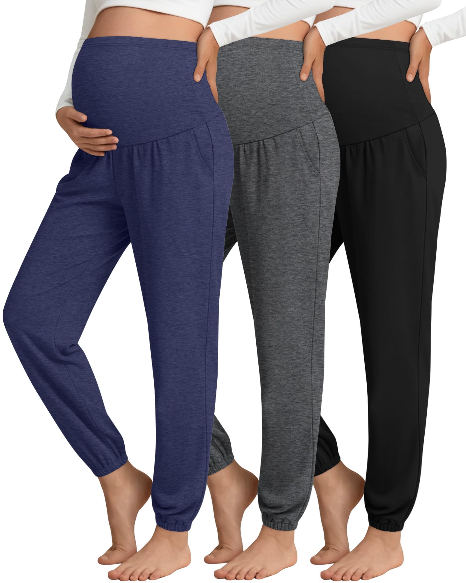 Photo 1 of Sweetyweee 3 Pack Women's Maternity Pants Maternity Jogger Sweatpants Over The Belly Stretchy Pregnancy Pants with Pockets(Navy Blue, Dark Gray, Black,Medium)