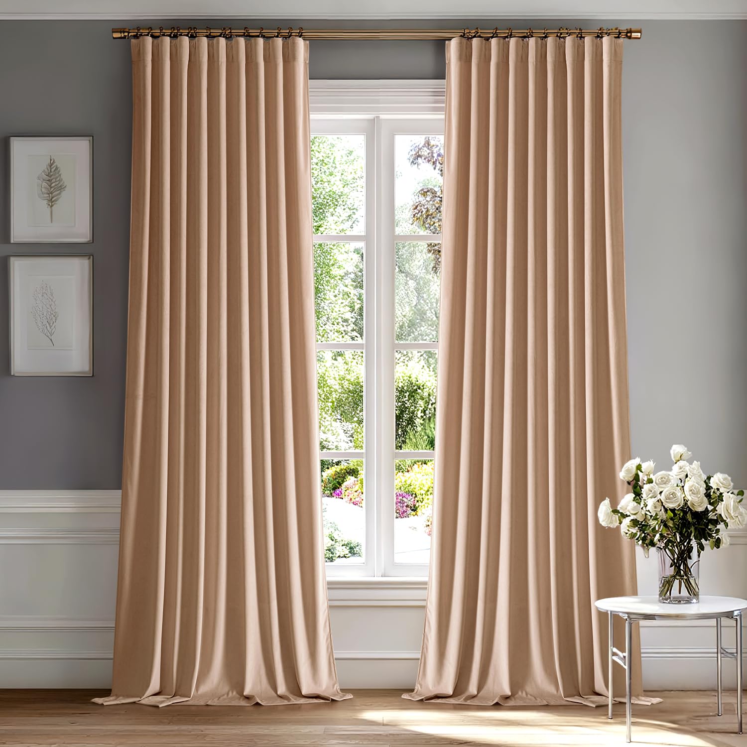 MIULEE Blush Beige Velvet Curtains 84 inches 2 Panels - Luxury Room Darkening Window Drapes for Bedroom Living Room Thermal Insulated Super Soft Blackout, Back Tab Rod Pocket Pinch Pleated, W52 x L84 Image
