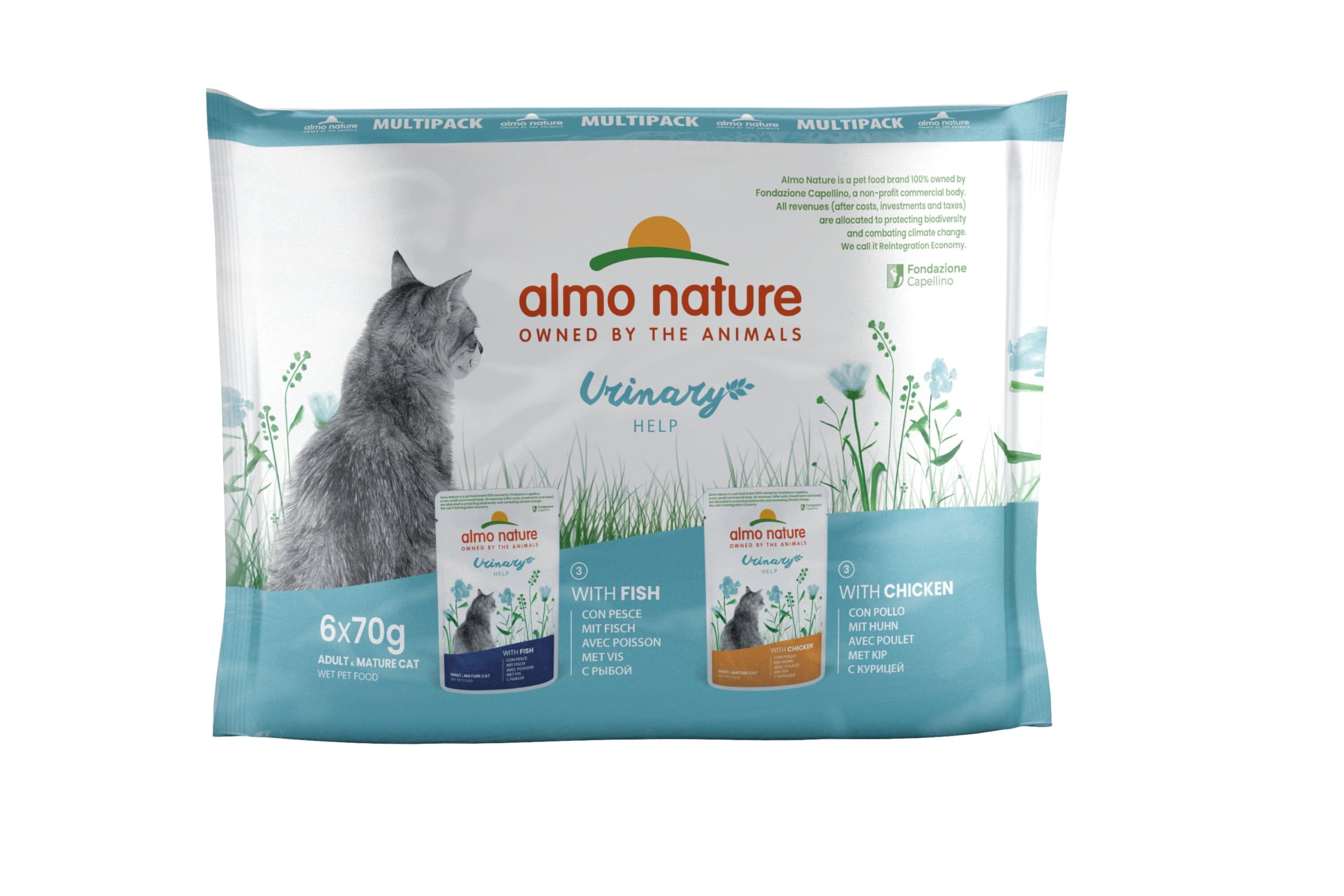 Almo Nature Functional Urinary Help - Wet Food for Adult Cats with Fish and Chicken Flavor - Support for Urinary Tract Health - 6 Pouches of 70g
