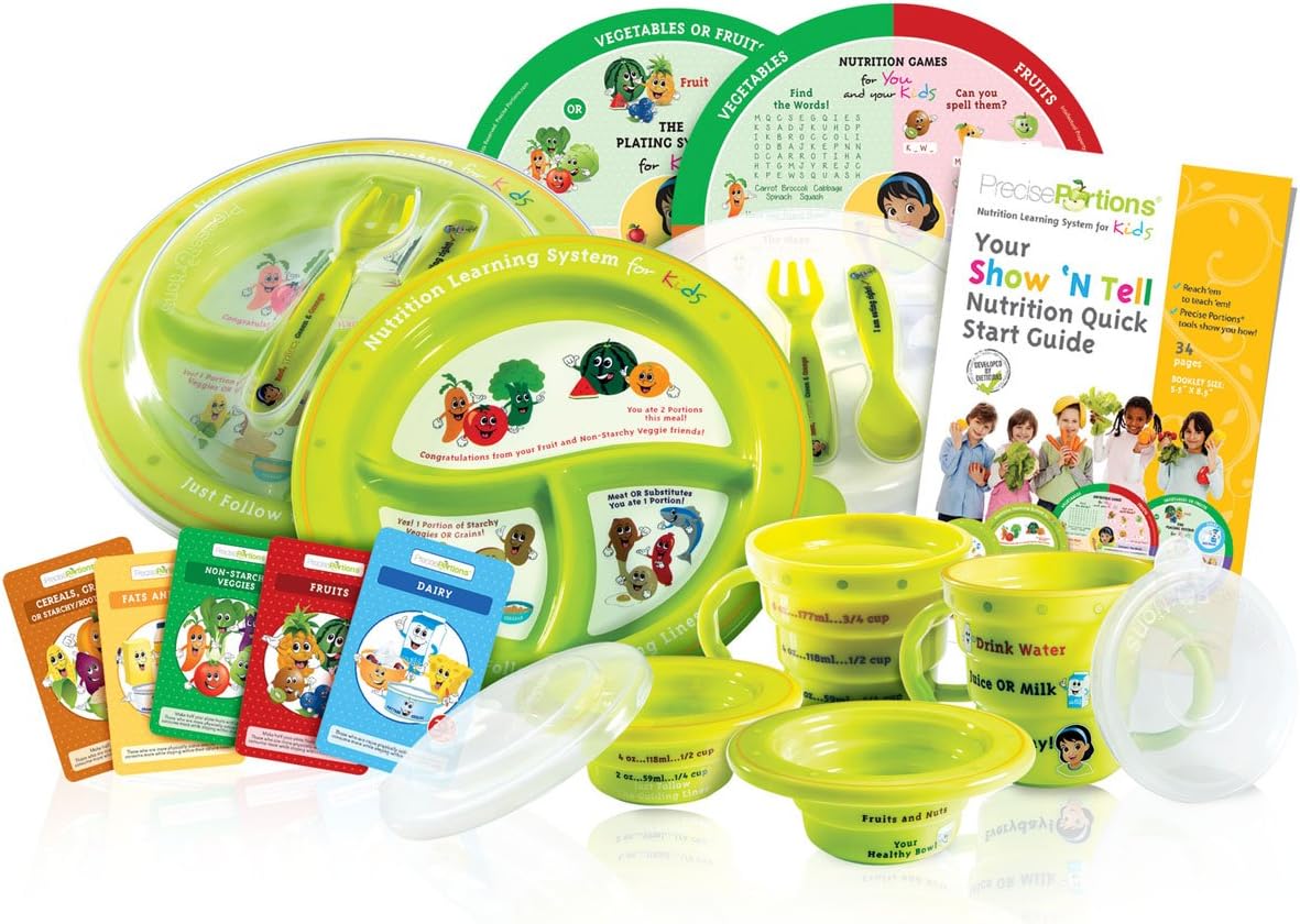 Precise Portions PPK-NLS2-VaL2-Span Show N Tell Nutrition Spanish Divided Plates, Cups, Bowls, Lids and Utensils, Dietitian Developed Portion Control Flash Cards, Microwave Dishwasher Safe, No BPA, Reusable (Pack of 54)