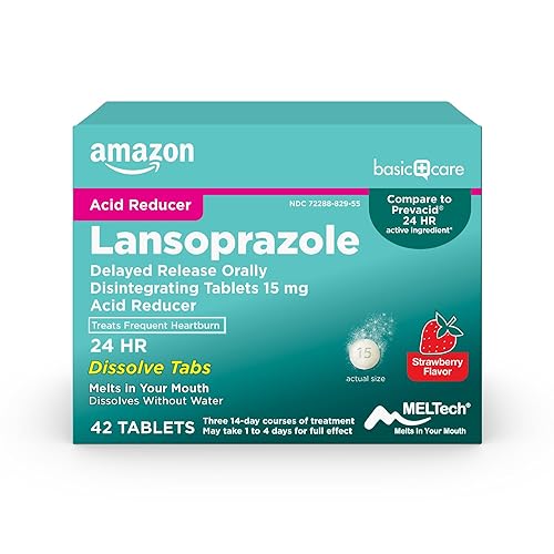 Amazon Basic Care Lansoprazole Delayed Release Orally Disintegrating Tablets 15 mg, Acid Reducer Pills, Strawberry Flavor, 42 Count