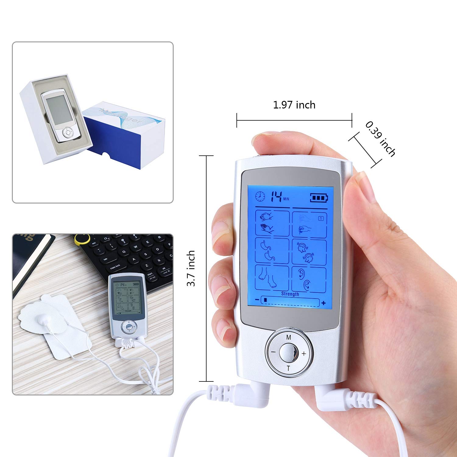 Électrostimulateur Tens Rechargeable Antidouleur Stimulateur Musculaire, Tens EMS Soulagement des Douleurs avec 16 Modes, 8 Électrodes et 20 Niveaux d’Intensité pour Massage Tension Musculaire