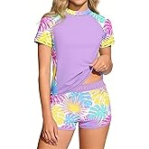 Enlifety 7-16T Girls Swimsuit 2 Piece Bathing Suit Short Sleeve Rash Guard Swimwear Set