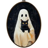 GWFSJYU Ghost Black Cat Framed Oval Wall Art Decor, Dark Academia Witchy Ghost Canvas Prints Wall Art, Gothic Halloween Black Cat Fall Hanging Decor for Living Room Bedroom, 8.7x11.3 Inch