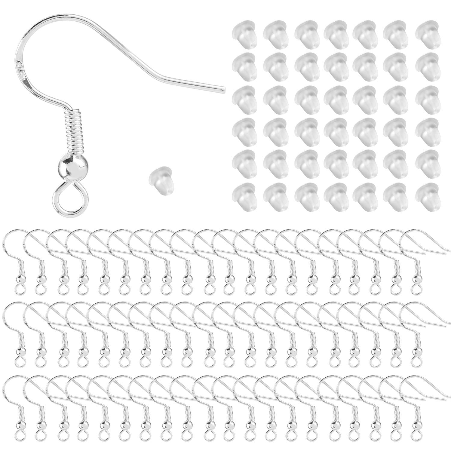 MYCreator 200 Pcs (100 Earring Hooks, 100 Stoppers) Sterling Silver Finding for DIY Jewelry Making