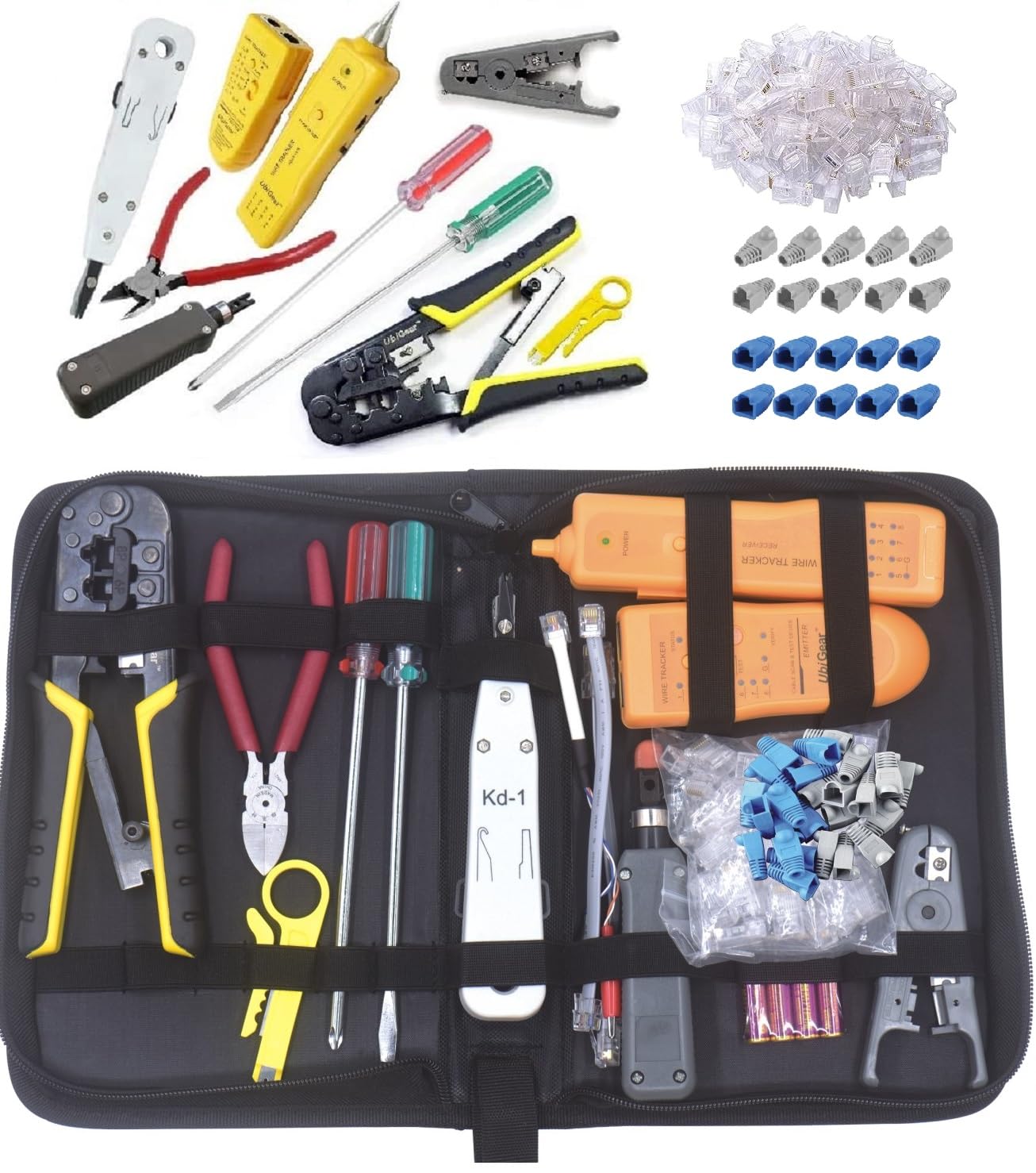 UbiGear Cable Tester +Crimp Crimper +100 RJ45 CAT5 CAT5e Connector Plug Network Tool Kits (PremiumTester) by UbiGear