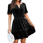 Simplee Women's 2025 Velvet Short Sleeve Cocktail Dress Fall Winter Casual V Neck Empire Waist Mini Dresses with Pockets