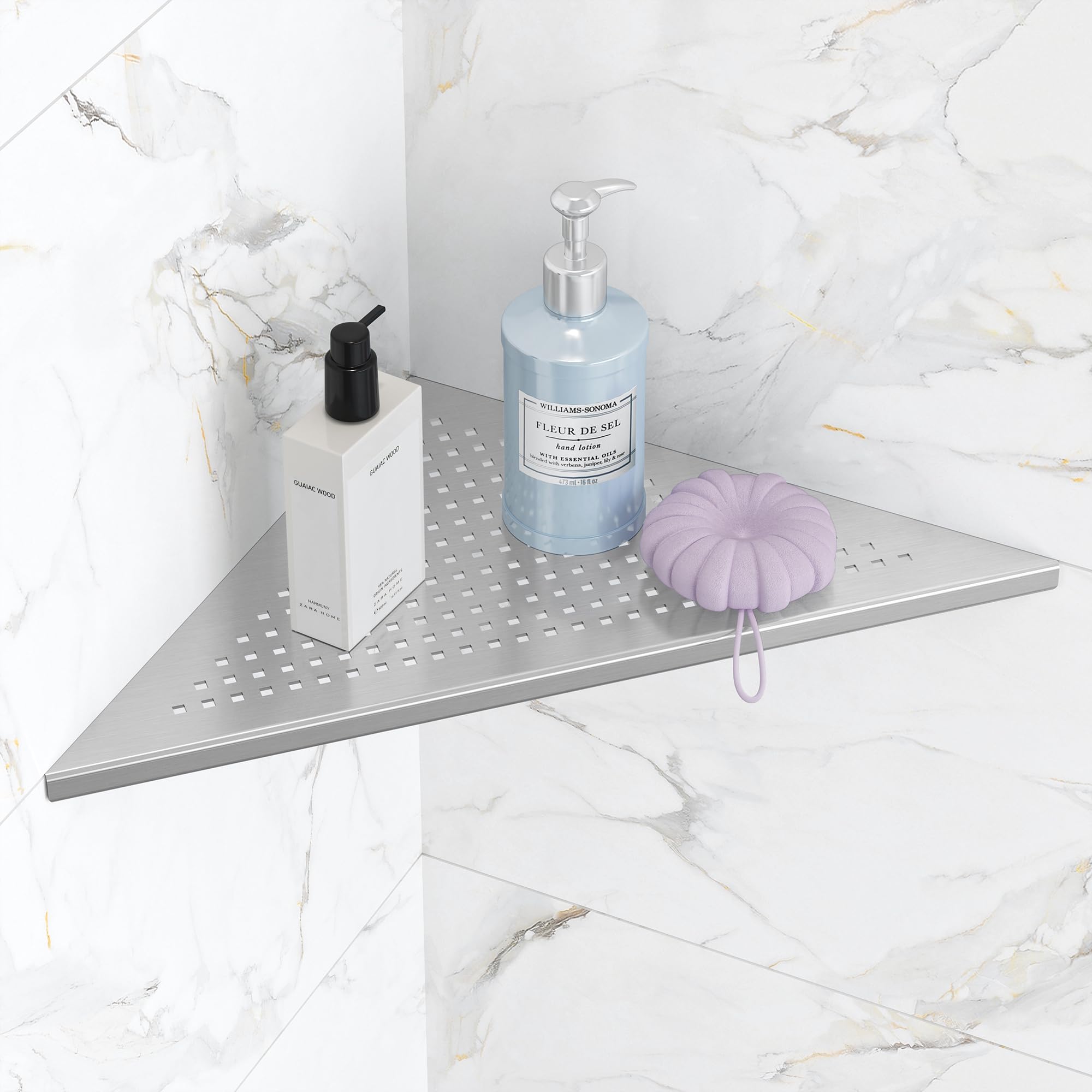 Photo 1 of Qeke Bathroom Corner Shelf, Recessed 12" Shower Shelf Caddy, SUS304 Stainless Steel Shelf Wall Mount Triangular, No Drilling, Brushed Nickel