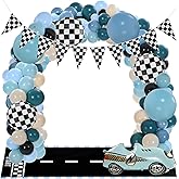 Soulchen 161 Pcs Race Car Balloon Garland Arch Kit Include Long Racetrack Mat Checkered Flags Banner Dusty Blue Black Latex Balloon Check Flag Balloons for Race Car Birthday Party Decor