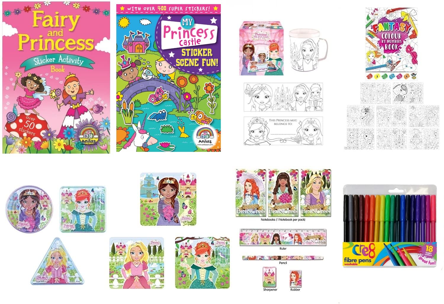 Anila's Mega Princess Activity Set with Colouring, Sticker & Activity Books, Mini Puzzles, Mini Mazes, Colouring Mug, Stationery & Felt Tip Pens. (Perfect for Ages 3-8)