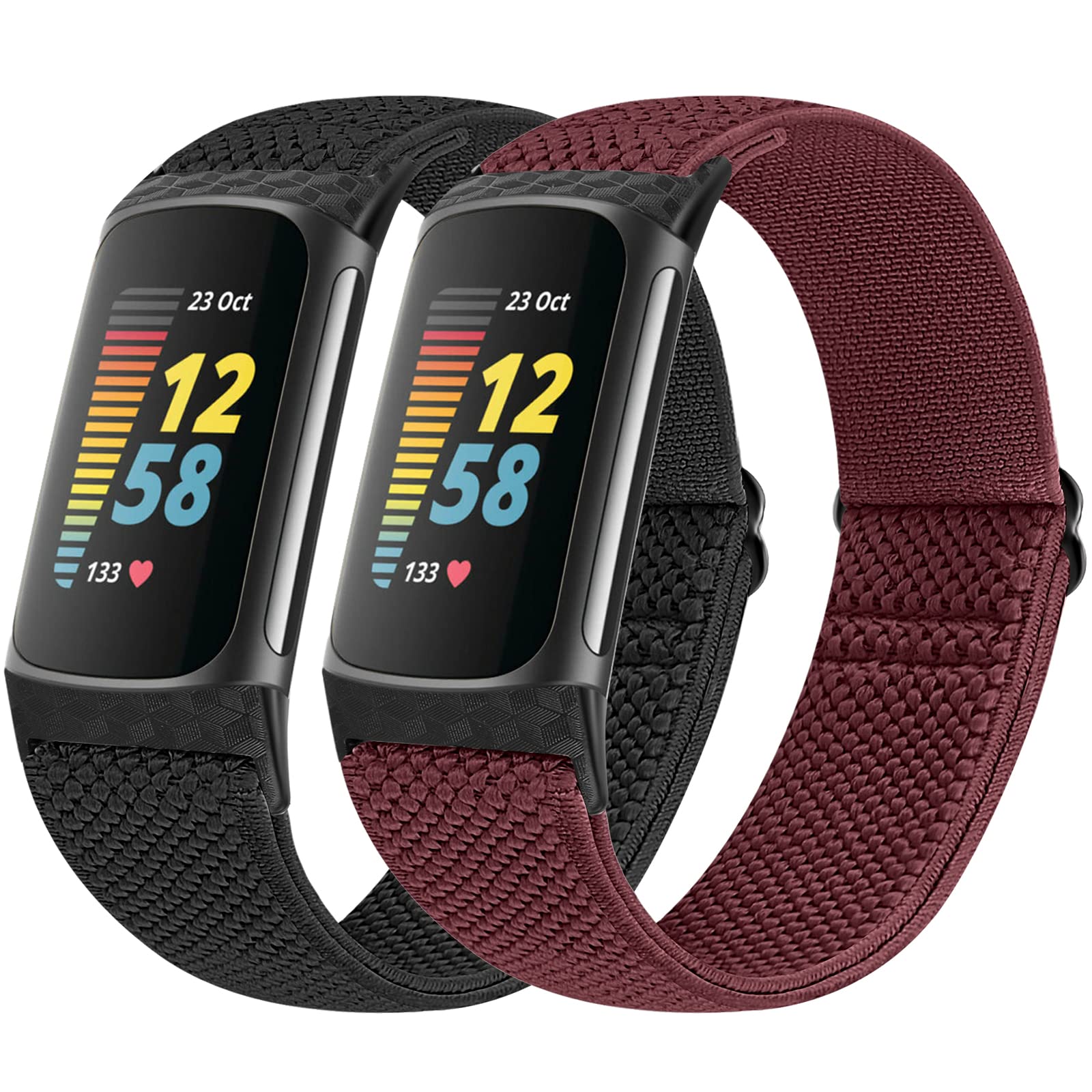 Vodtian Elastic Straps Only Compatible with Fitbit Charge 6/ Charge 5 Strap, 2 Pack Stretchy Adjustable Nylon Loop Braided Replacement Sport Wristband for Charge 5/Charge 6 Activity Tracker Women Men — image 1