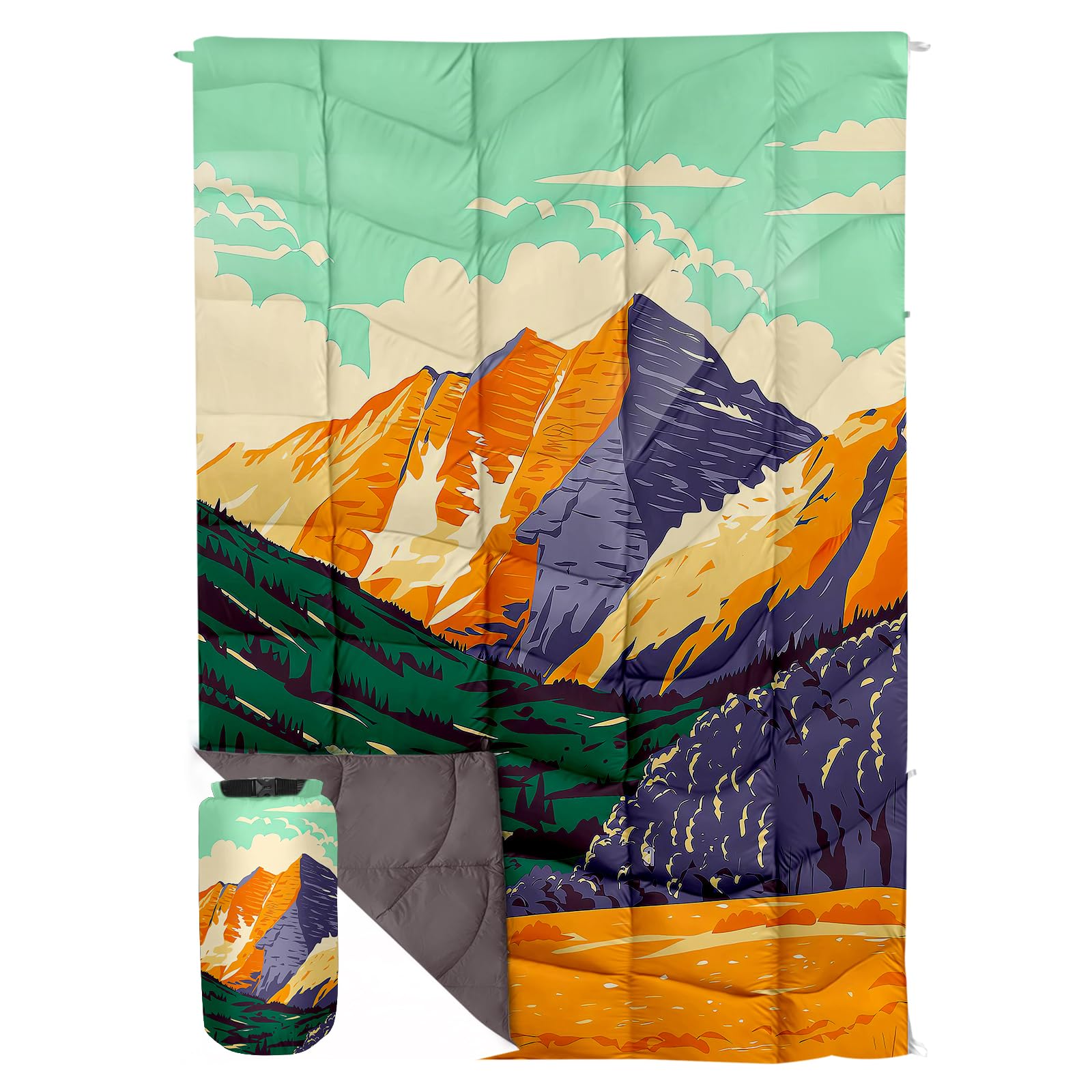 Photo 1 of GLORSIGN Outdoor Puffy Camping Blanket, Lightweight Down Alternative Puffy Printed Camping Large Ultra Warm Hammock Top Quilt Waterproof Blanket for Traveling Picnic Beach Party Cold Weather (Peak)