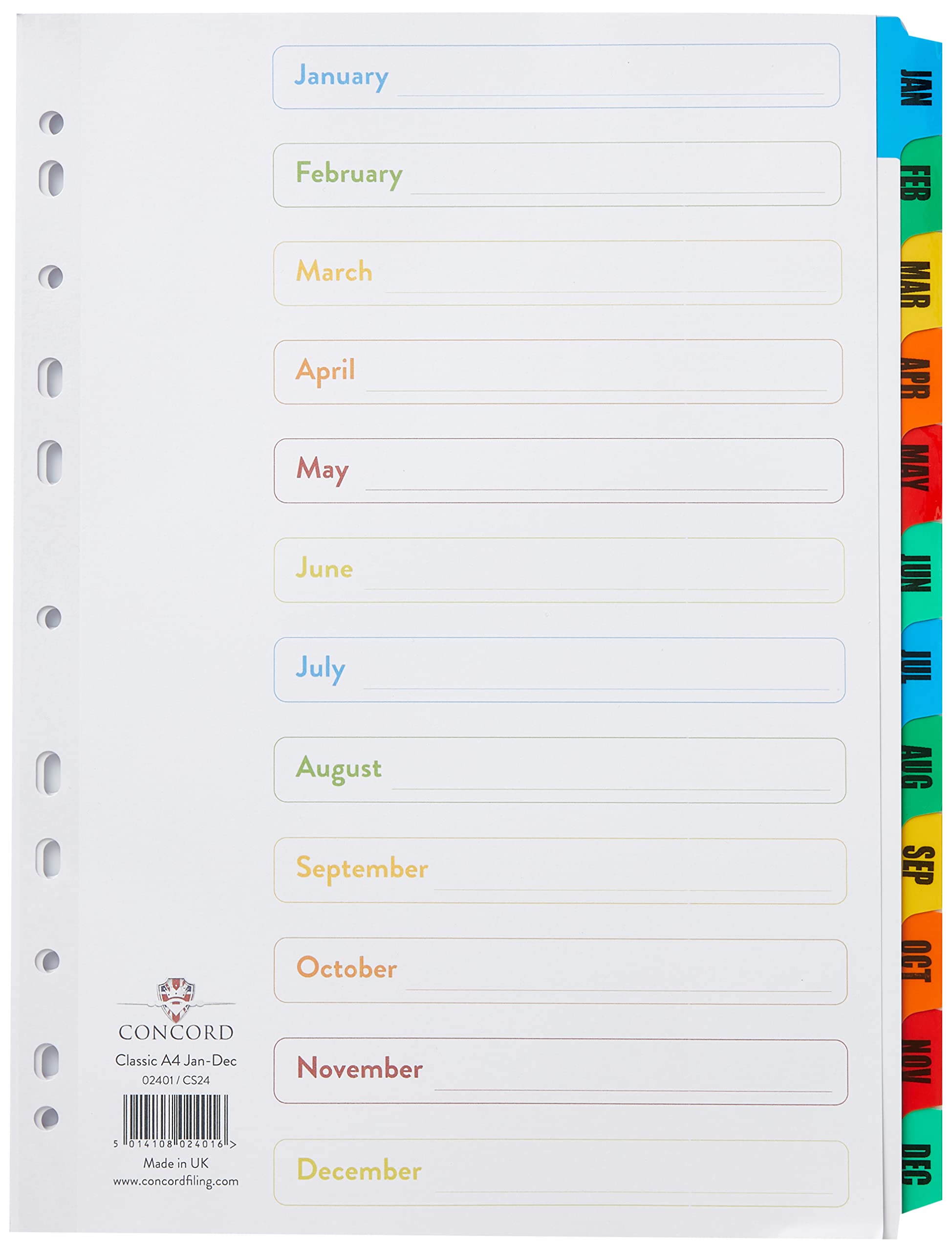 Concord 02401/CS24 Index Multicolour-tabbed Mylar-Reinforced 4 Holes Jan-Dec A4 White Ref CS24