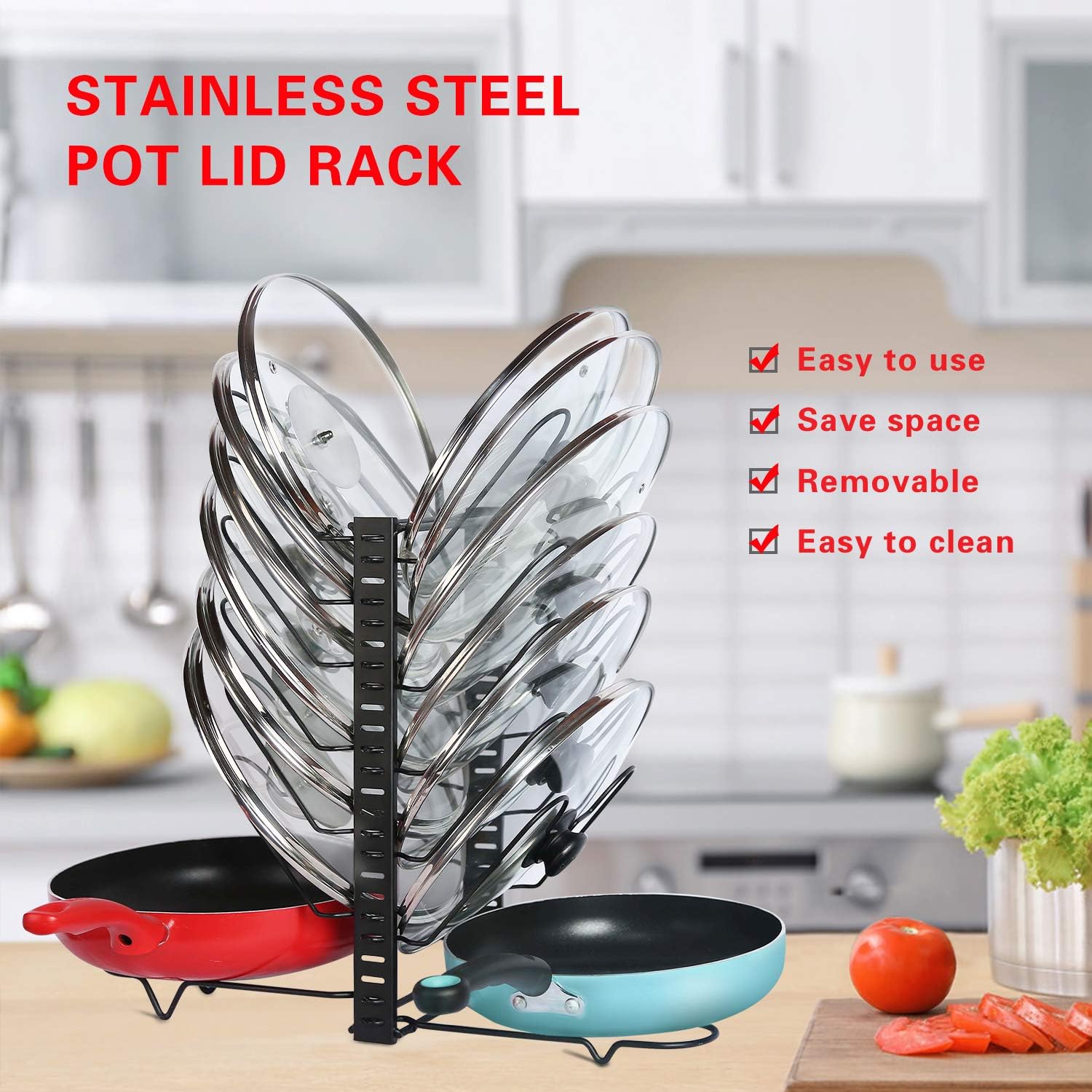 X-cosrack Pot Lid Organizer Holder Rack for Kitchen Cabinet Door Wall Mount with 12 Dividers Adjustable Heights,4 Methods,Black,Patent Pending: Home Improvement