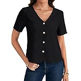 Rooscier Women's Eyelet Embroidery Button Down V Neck Short Sleeve Elegant Blouse Top