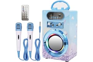 IndeCool Kids Bluetooth Karaoke Machine with 2 Microphones, Remote Control Wireless Karaoke Speaker Portable Karaoke Machine Music MP3 Player for Kids Adult Party Gift (Light Blue)