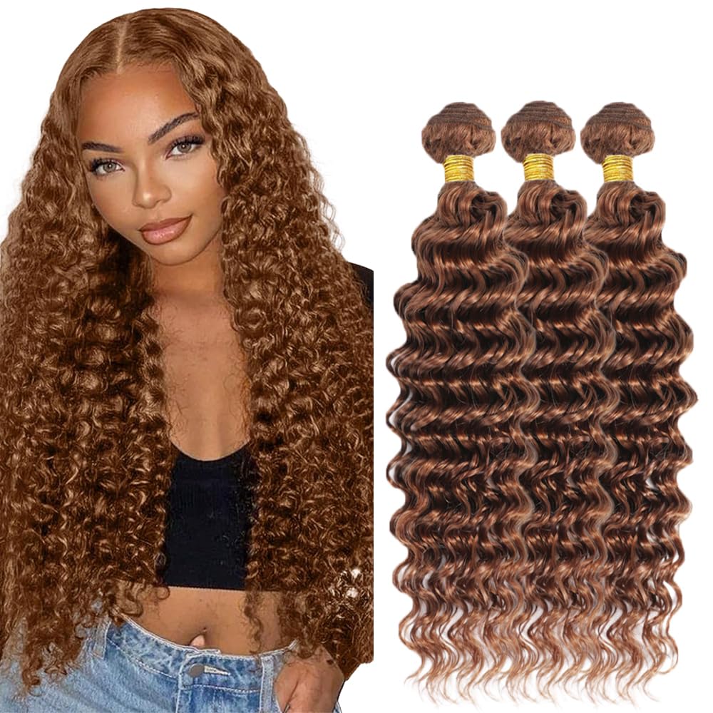 Photo 1 of #30 Brown Bundles Human Hair Deep Wave Bundles 16 18 20 Inch Light Brown Deep Curly Bundle Human Hair Extensions Unprocessed Virgin Remy Hair 3 Bundle 50 Gram Per Bundle