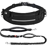 Pecute Dog Leash Hands Free with Pouch, Waist Belt Fanny Pack with Soft Pads, Dual Handles and Durable Bungee for Walking, Dog Seat Belt, Hiking, Running, Training, Black(Up to 180lbs)