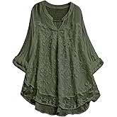 MakeMeChic Women's Plus Size V Neck Blouse Floral Embroidery 3/4 Roll Sleeve Tunic Tops