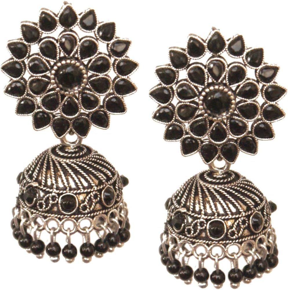 Pahal Ethnic Bollywood Oxidized Black Pearl Kundan Big Silver Jhumka Earrings Indian Bollywood Bridal Jewelry for Women