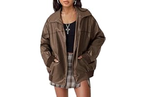GraceSelect Women's Faux Oversized Leather Jacket Zip Up Motorcycle Bomber Fall Jackets 2025 Vintage Y2K Tops Winter Coats