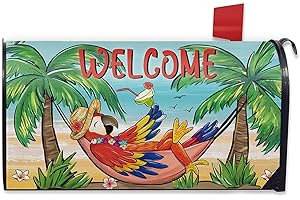 FBCOO Welcome Summer Parrot Bird Mailbox Cover Magnetic Standard Size 21" x 19", Beach Coastal Tropical Palm Tree Decorative Post Letter Box Wrap Decor, Hawaii Nautical Garden Yard Outdoor Decoration