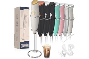Heylotie Milk Frother With Stand Milk Frother Wand Coffee Frother Handheld Drink Mixer Handheld with 2 Whisks Electric Whisk Stirrers Electric Milk Frother for Coffee Mixer Wand Milk Foamer-White/Gold