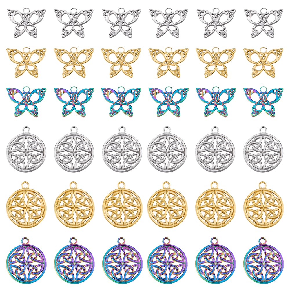 DICOSMETIC 24Pcs 2 Styles Trinity Knot Charms 3 Colors Butterfly Charms Flat Round with Knot Charms Hollow Celts Knot Pendants Metal Triquetra Knot Charms for Jewelry Making, Hole: 2~2.5mm