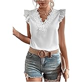 Floerns Women's Lace Trim V Neck Tank Tops Summer Casual Ruffle Cap Sleeve Shirts Dressy Blouse Going Out Top
