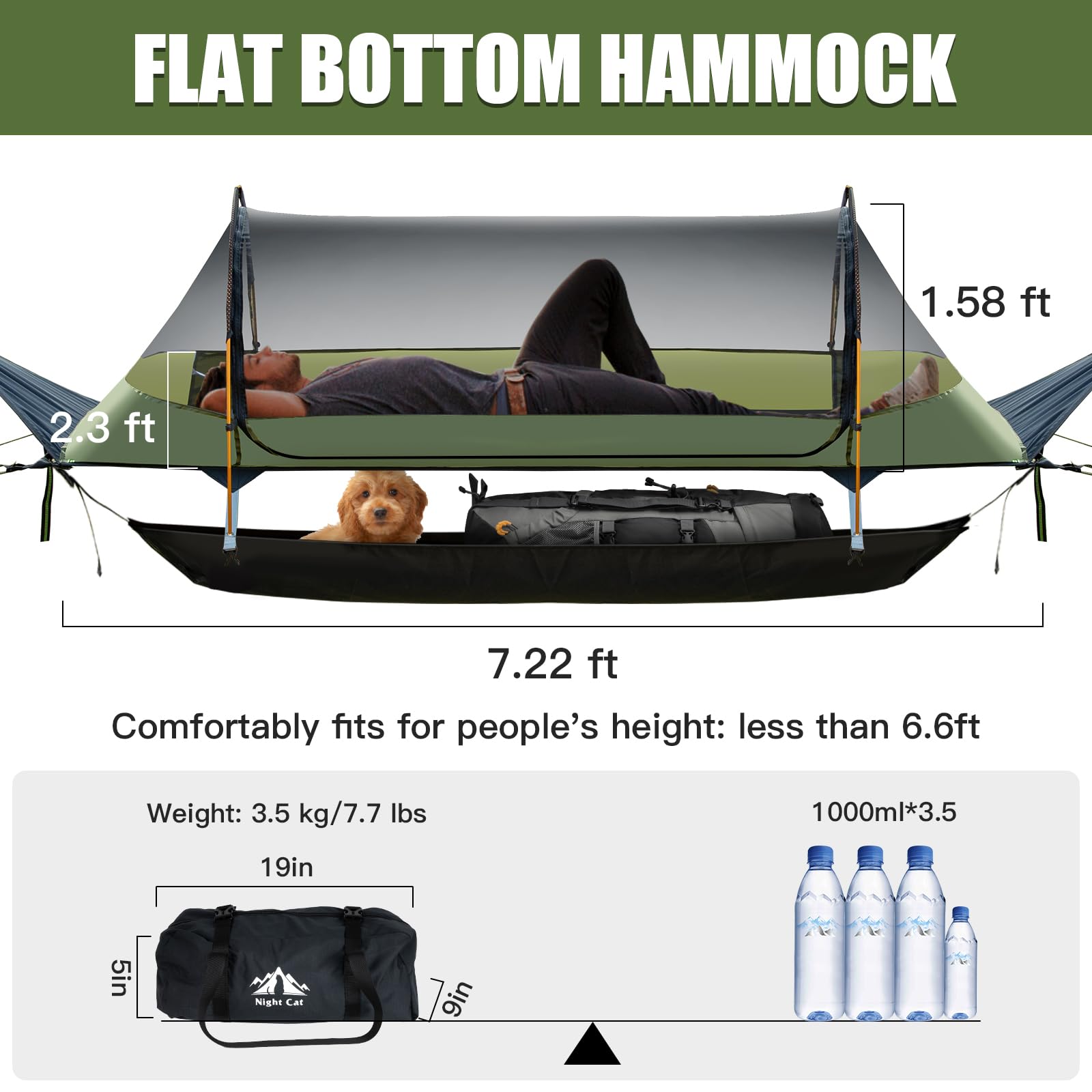 Night Cat Flat Lay Hammock Tent with Mosquito Net Waterproof Rainfly Storage Room for 1 Person Backpacking Hiking Camping Lightweight 330LBS 87x28x19in