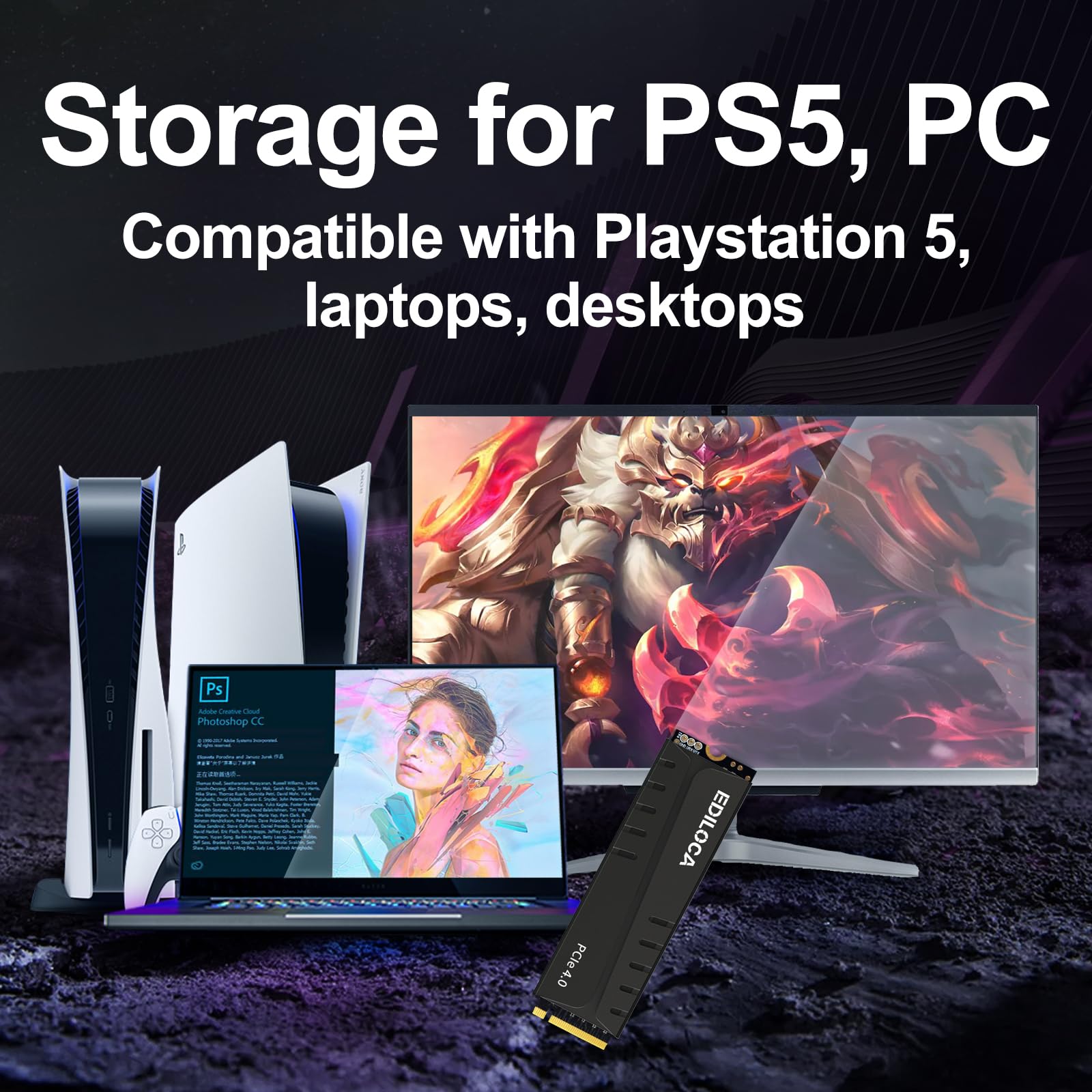 Ediloca 2TB PS5 SSD with Heatsink PCIe Gen4 NVMe M.2 Gaming SSD, 7400MB/s Read, 2GB DRAM Cache, 3D TLC | Internal Solid State Drive Compatible with PS5 & PC(EN855)