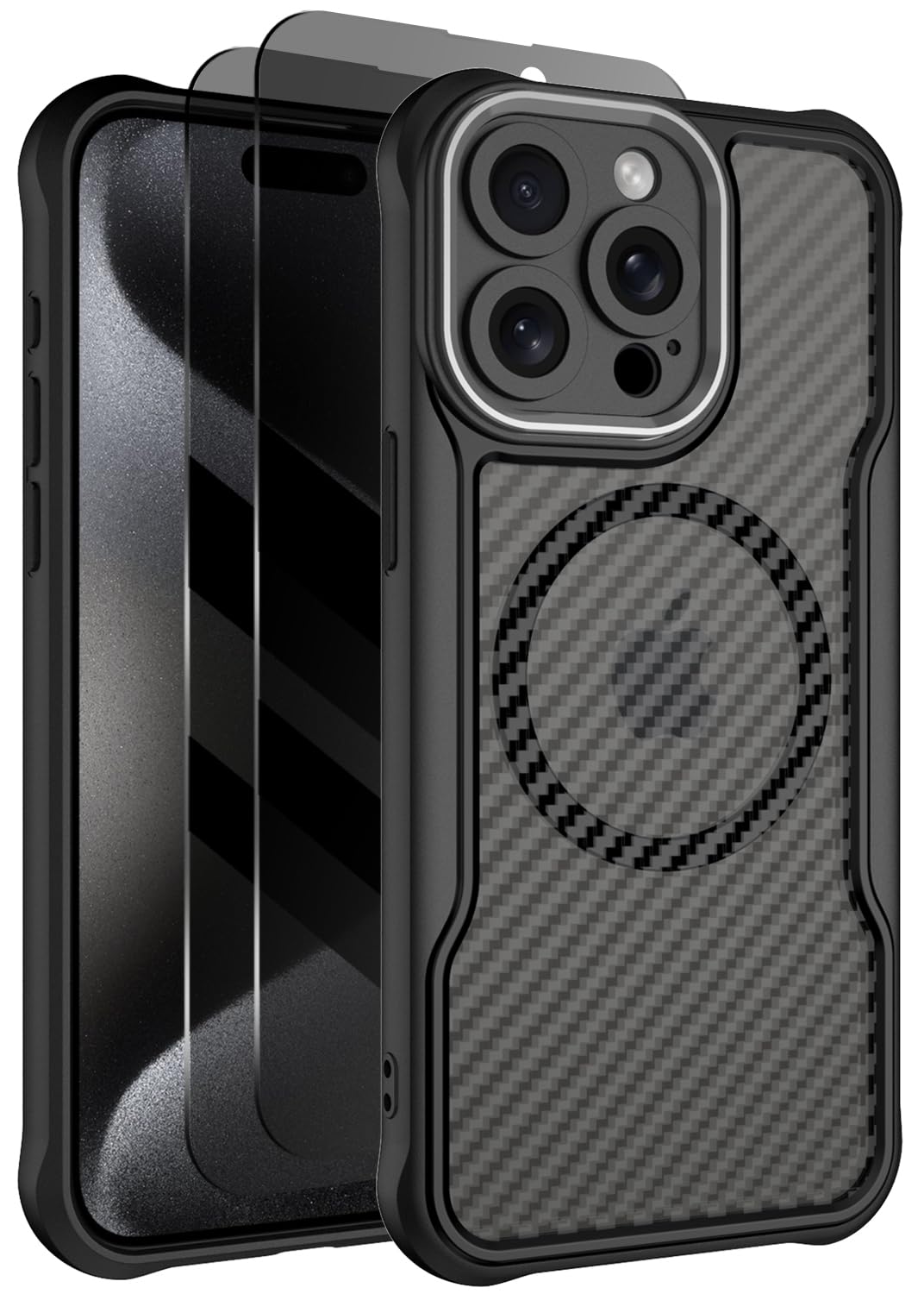 Dahkoiz for iPhone 15 Pro Max Case with Privacy Screen Protectors, Magnetic MagSafe Accessories Compatible, Full Covered Camera Protection, Slim & Rugged Carbon Fiber Phone Case, Black