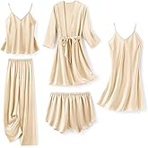 SAPJON Silk Pajamas for Women 5Pcs Sleepwear Loungewear Satin Robe Cami Shorts Pj Set
