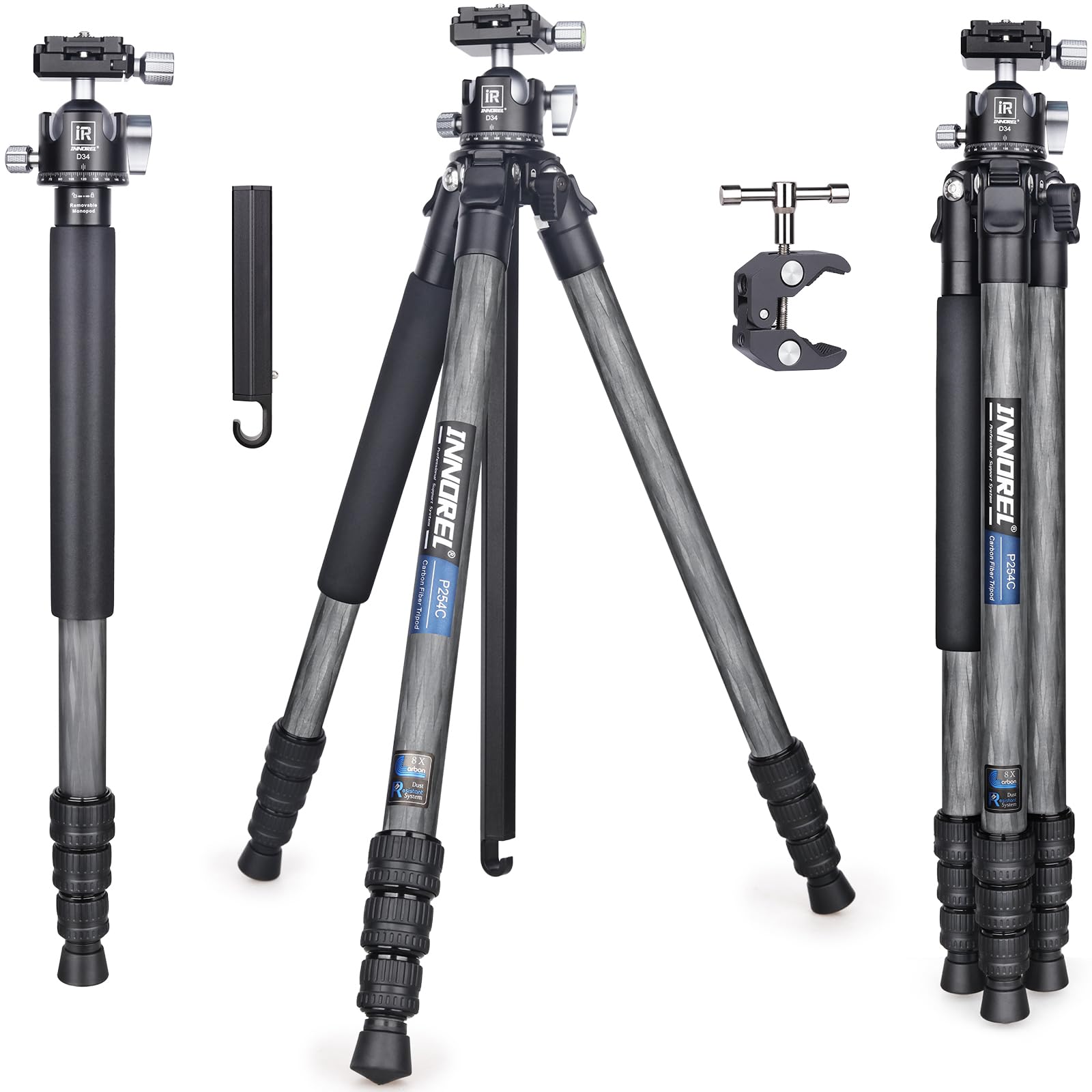 Carbon Fiber Tripod INNOREL P254C 62.5“ Compact Lightweight Tripod & Monopod for DSLR Camera Stand Support with Low Gravity Center Ball Head Special-Shaped Center Column Max Load 26.5 lbs/12 kg