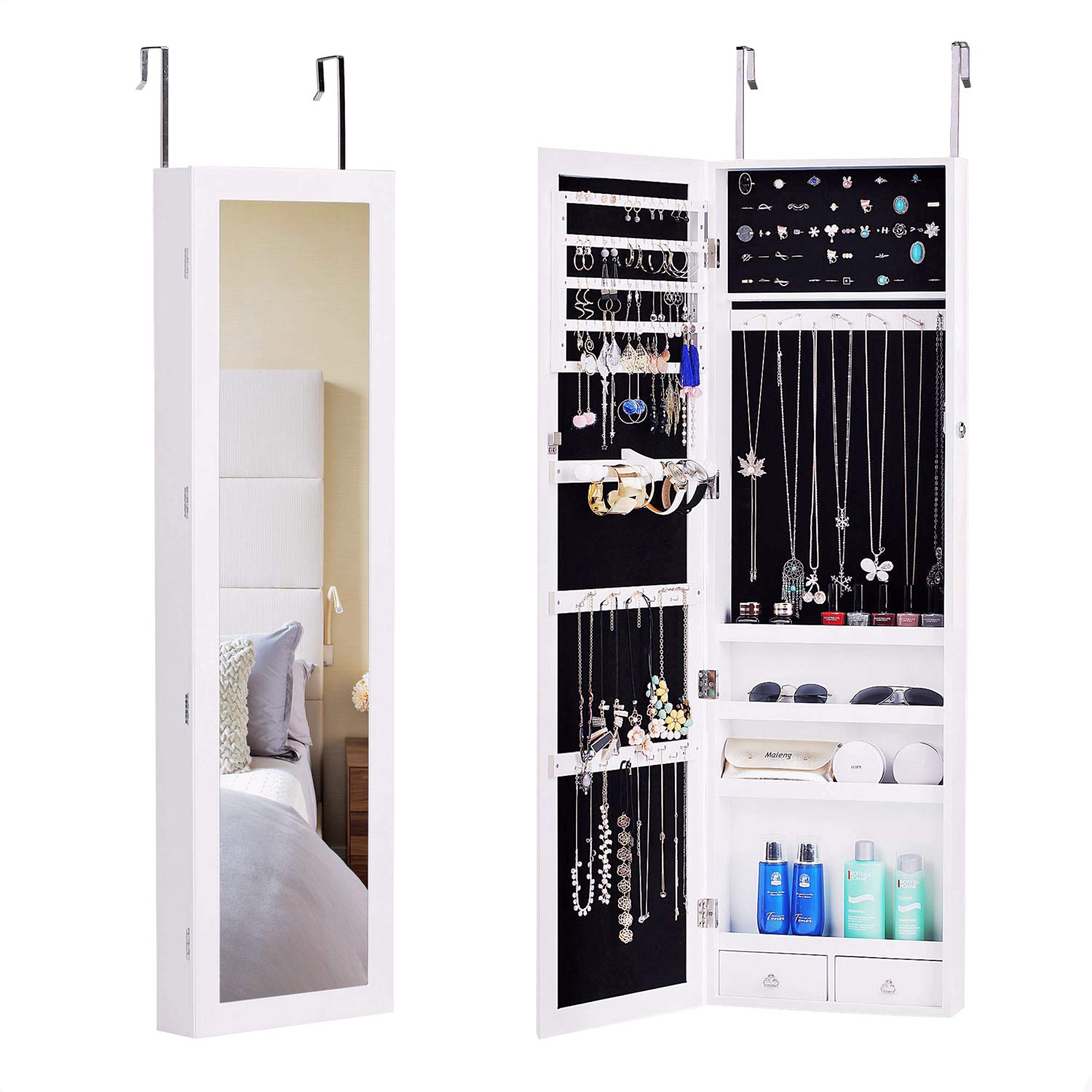 Elegante Et Robuste Blanc Bastuo Armoire A Bijoux Verrouillable Montage Mural A Suspendre Armoire A Bijoux De Stockage Organiseur 2 Tiroirs Avec Miroir Armoires Bijoux