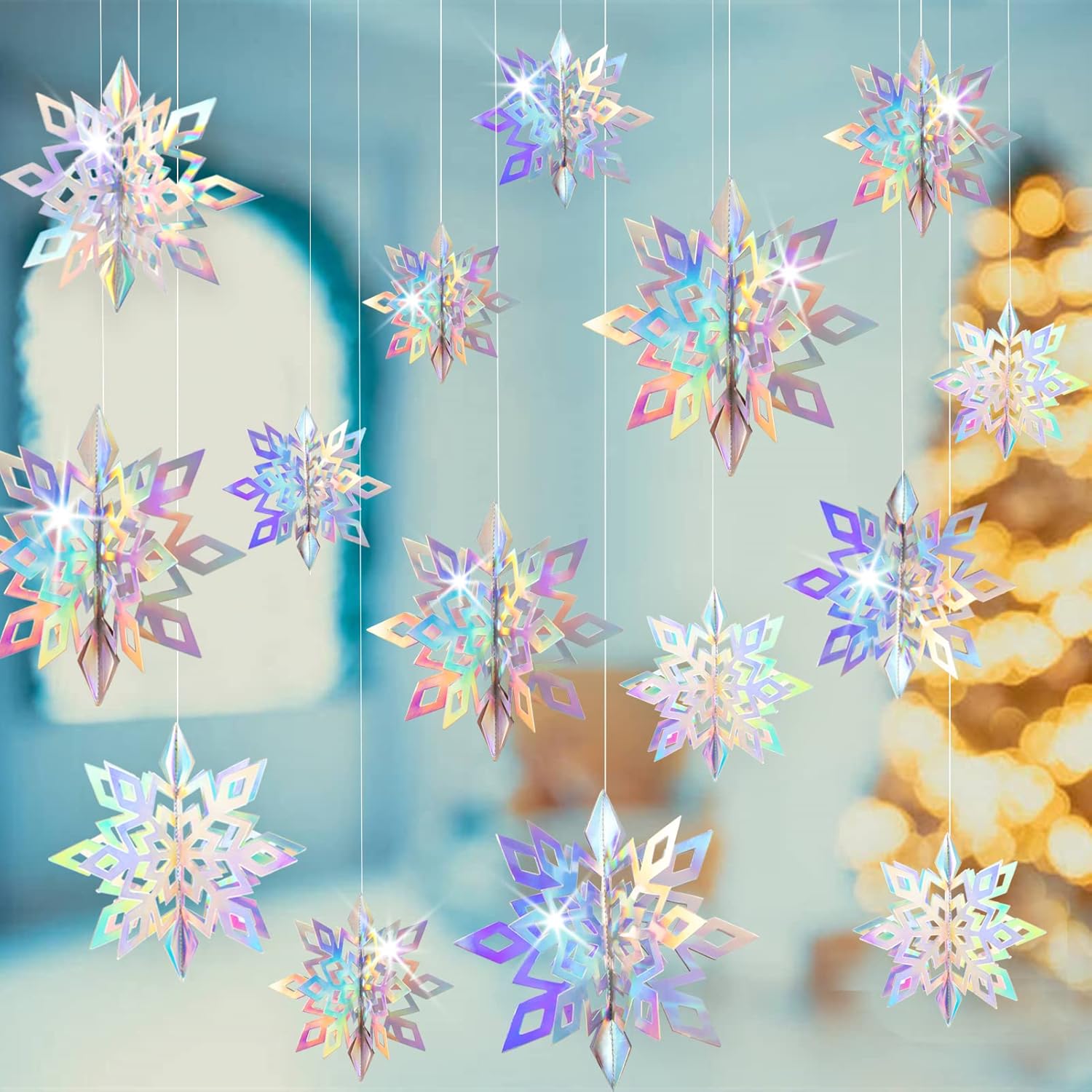 Wreaths, Garlands & Swags - GuassLee Christmas Hanging Snowflakes Decorations Clearance 15pcs 3D Iridescent Paper Snowflakes Snow Flakes Garland for Winter Wonderland Frozen Christmas Birthday Party Decorations