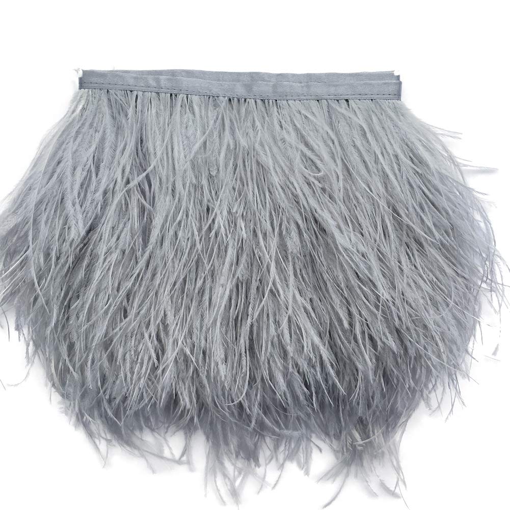 Sowder Ostrich Feathers Trims Fringe with Satin Ribbon Tape for Dress Sewing Crafts Costumes Decoration Pack of 2 Yards(Light Grey)