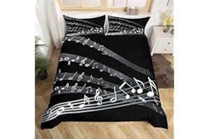 FEELYOU Musical Note Bedding Set Staff Pattern Comforter Cover for Kids Adult Classic Music Themed Duvet Cover Black and White Bedspread Cover Room Decor 2Pcs with 1 Pillowcase Twin Size (No Comforter)