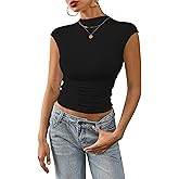 Nasperee Women Sleeveless/Cap Sleeve Mock Turtleneck Tank Tops Slim Fit Side Ruched Stretch Crop Y2K Tee Shirts