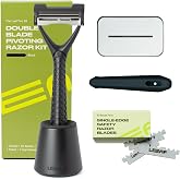 Leaf Shave Leaf Two Kit - Two-Blade Safety Razor Set - Black | All-metal pivoting head, includes matching stand, black silicone handle grip, 50 single-edge refills &amp; recycling bank