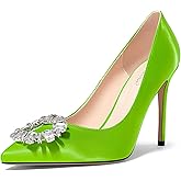 TNYNFBEB Womens Stiletto High Heel Pointed Toe Pumps Slip-on Satin Buckle Rhinestone Crystal Wedding Party Basic Classic Summer 3.9 Inches Heels