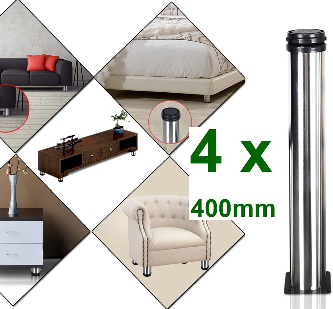 Qrity 4x Adjustable Furniture Legs, Total 400-415mm Cabinet & Table Feet, Silver Chrome Finish - Image 3