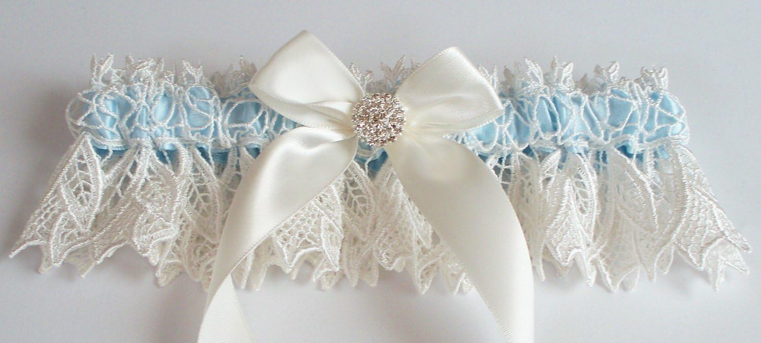 Ivory Bridal Garter and TOSS GARTER with Something Blue Satin Band, Ivory Bow and Rhinestone Centering - The KIMBERLY Garter