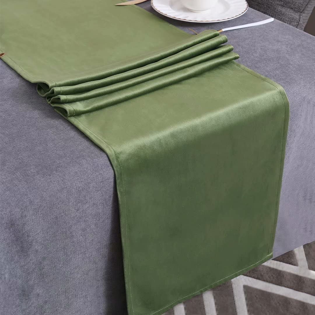 WAITER TREE Table Runner for Dining Table 35x180 cm, Washable Velvet Dresser Scarf Luxury Rustic Farmhouse Table Runners for Home Dining Coffee Table - Olive Green
