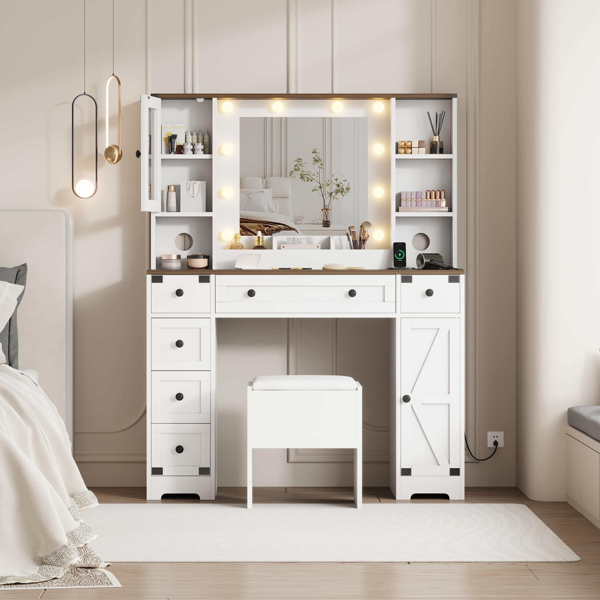 Photo 1 of ***************missing mirror, missing pieces.*************
GarveeHome Makeup Vanity and Stool, Vanity Desk with Lights, White Vanity Table with Charging Station, 6 Drawers and Cabinets