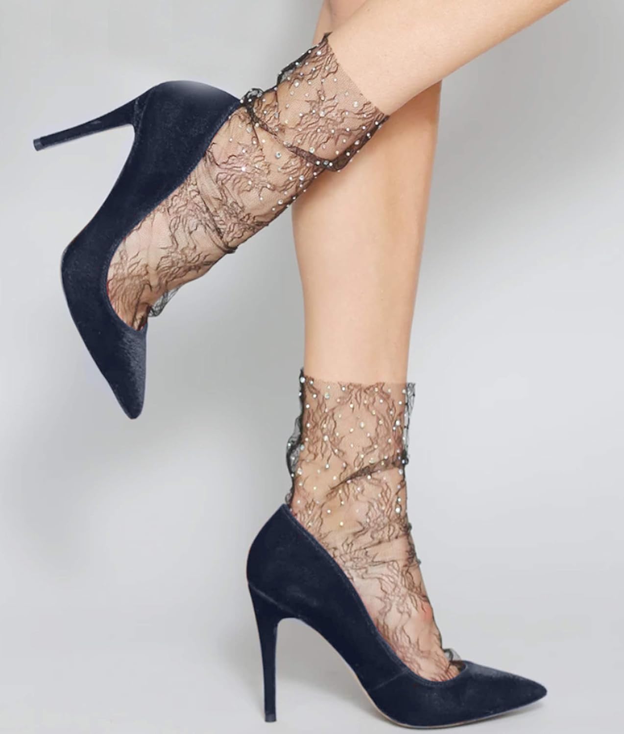 Rhinestone tulle sock High Ankle Socks Black tulle socks